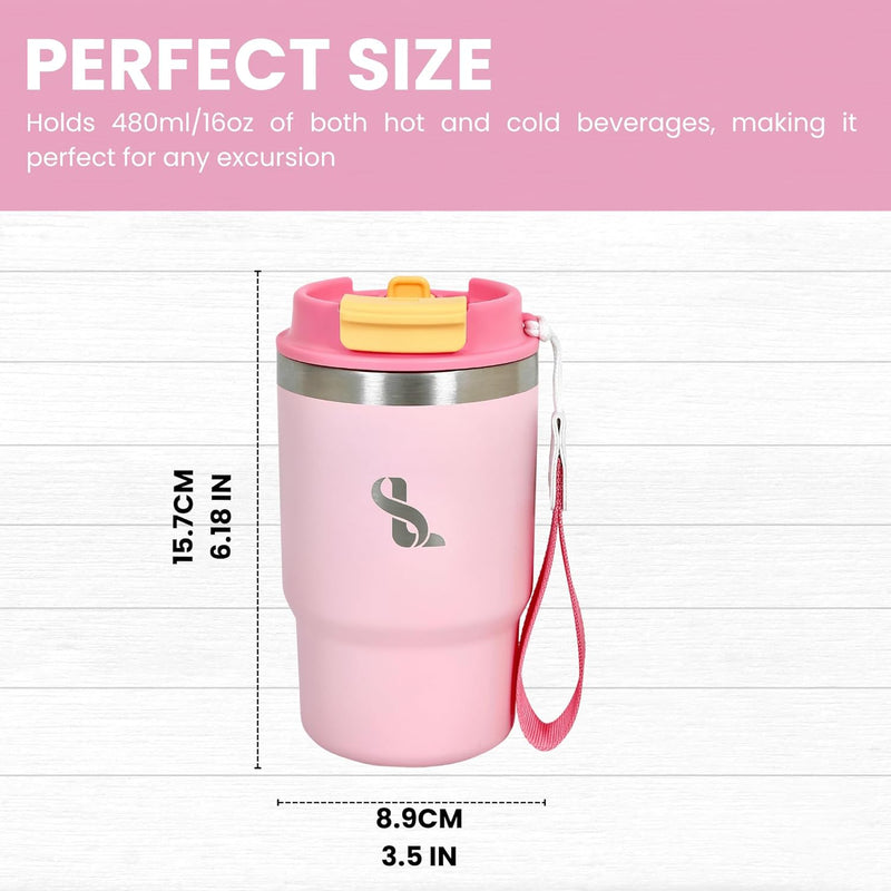 SimplyLivin. Premium Tumbler with Lid and Straw | 480ml (16oz) | Hot and Cold Drinks | Leak Proof | Travel Mug | Coffee Cup | Double Wall Stainless Steel | Unique Packaging for Gifts | Classic Beige