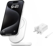 Belkin Fast Charge MagSafe Charger, Magnetic Foldable Wireless Charging Stand 15W, MagSafe-Compatible Portable Fast Charger for Qi2, iPhone 16, 15 & 14 Series, Standy Mode Ready, PSU Included - White - White