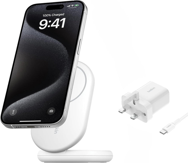 Belkin Fast Charge MagSafe Charger, Magnetic Foldable Wireless Charging Stand 15W, MagSafe-Compatible Portable Fast Charger for Qi2, iPhone 16, 15 & 14 Series, Standy Mode Ready, PSU Included - White - White