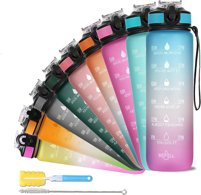 Unbreakable Water Bottle 1 Litre with Motivational Time Marker, Leakproof Durable BPA-Free Non-Toxic Water bottle for office,Water bottle for gym Detoxing eBook included Hunter Green with Motivational Time Marker - 1 ÙÙØªØ± Blue Fuchsia