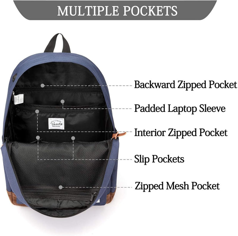 VASCHY Men's Backpack, Women's Waterproof School Bag, Boy Girl Computer 15.6 Inch Vintage for School, College, Work, Travel, Leisure