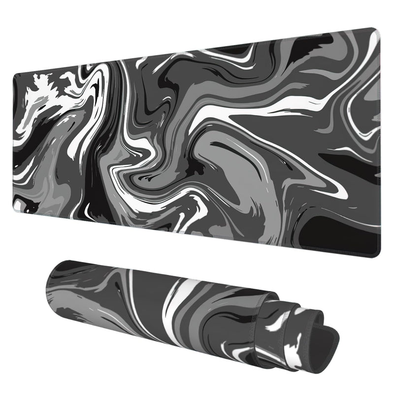 Desk Mat, Abstract Black White Ink Liquid Waves Extended Gaming Mouse Pad Large, 31.5"x11.8" Big Mouse Pad with Non-Slip Base and Stitched Edge, Long Computer Keyboard Mouse Mat for Home Office Work