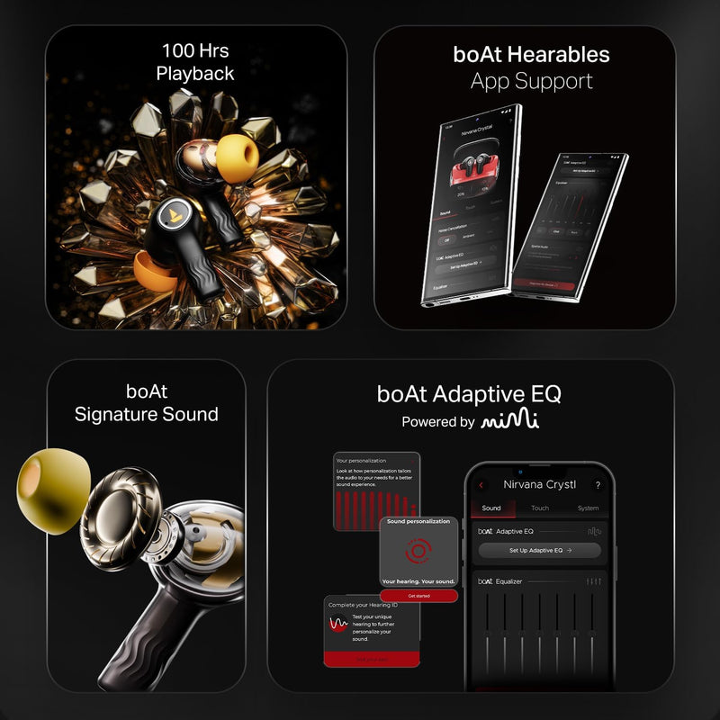 boAt New Launch Nirvana Crystl, Transparent Case,Spatial Audio, ANC(32dB), 100Hrs Battery,4Mics ENx, Dual Pair,App Support, Bluetooth Earbuds, TWS Ear Buds Wireless Earphones with mic (Quantum Black)