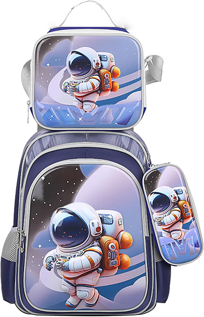 3PCS Kids Backpack for Boys Girls, 16 Inch Water Resistant Bookbag & Lunch Box & Pencil Case for Preschool Kindergarten Primary Junior Elementary School Teen Students (6-12 Age) - A-Astronaut
