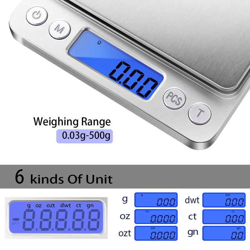 Fuzion Small Kitchen Scale, 500g/ 0.01g Small Gram Weight Scale, Precision Lab Scales Digital Weight Grams and Oz, Digital Gram Scale, Jewelry Scale with LCD, Small Food Scales for Kitchen - Silver
