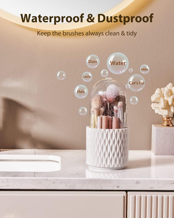 AMERTEER Makeup Brush Holder Organizer with Lid, 360° Rotating Makeup Case Organizer, Dustproof Makeup Brush Organizer, Cosmetics Display Case for Lipstick, Brushes, Nail Polish