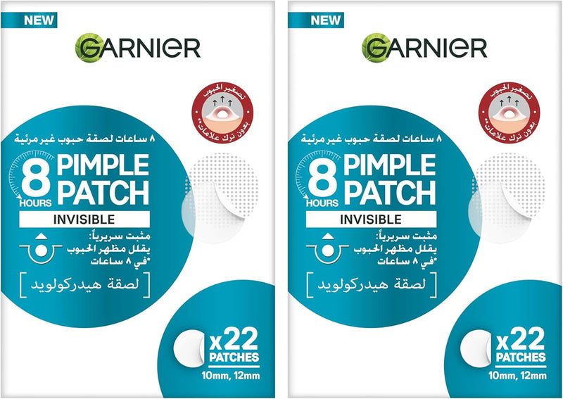 Garnier SkinActive Invisible Pimple Patch for Zits Cover, Fast Clear 8 Hours, Spot Stickers for face, (22 Patches), Invisible Under Makeup, with Hydrocolloid, in 2 sizes, made in Korea - Pack of 2