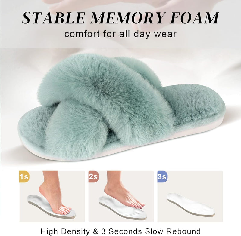 Women's Cross Band Slippers Soft Plush Furry Cozy Open Toe House Shoes Indoor Outdoor Faux Rabbit Fur Warm Comfy Slip On Breathable