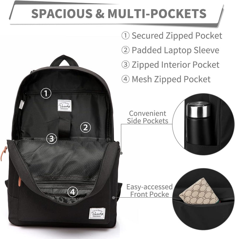 Backpack for Mens Women, VASCHY Lightweight Casual Classic Water resistant Unisex Backpack fits 15 inch Laptop for Travel Business