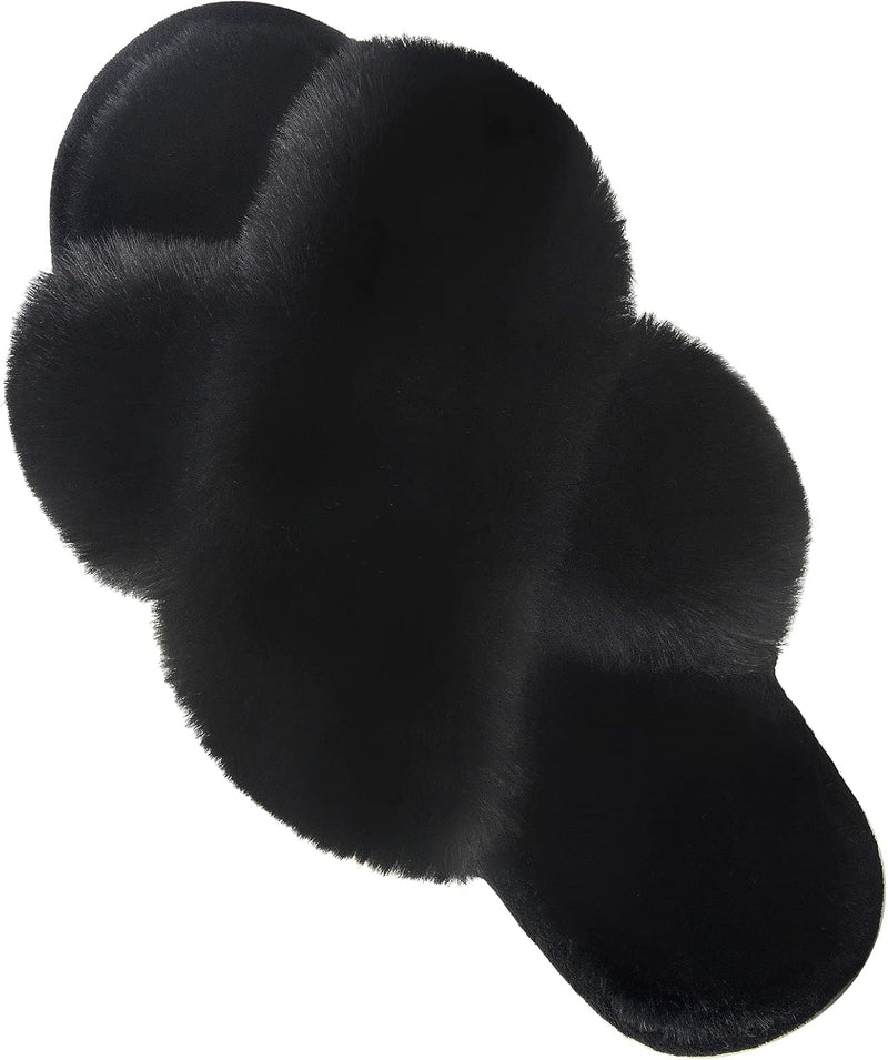 Women's Cross Band Slippers Soft Plush Furry Cozy Open Toe House Shoes Indoor Outdoor Faux Rabbit Fur Warm Comfy Slip On Breathable