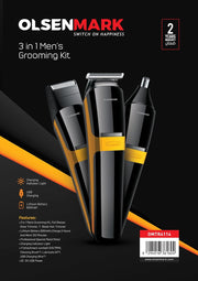 Olsenmark 3-in-1 Men's Grooming Set- OMTR4114, Nose and T-Blade Hair Trimmer, Works 120 Minute
