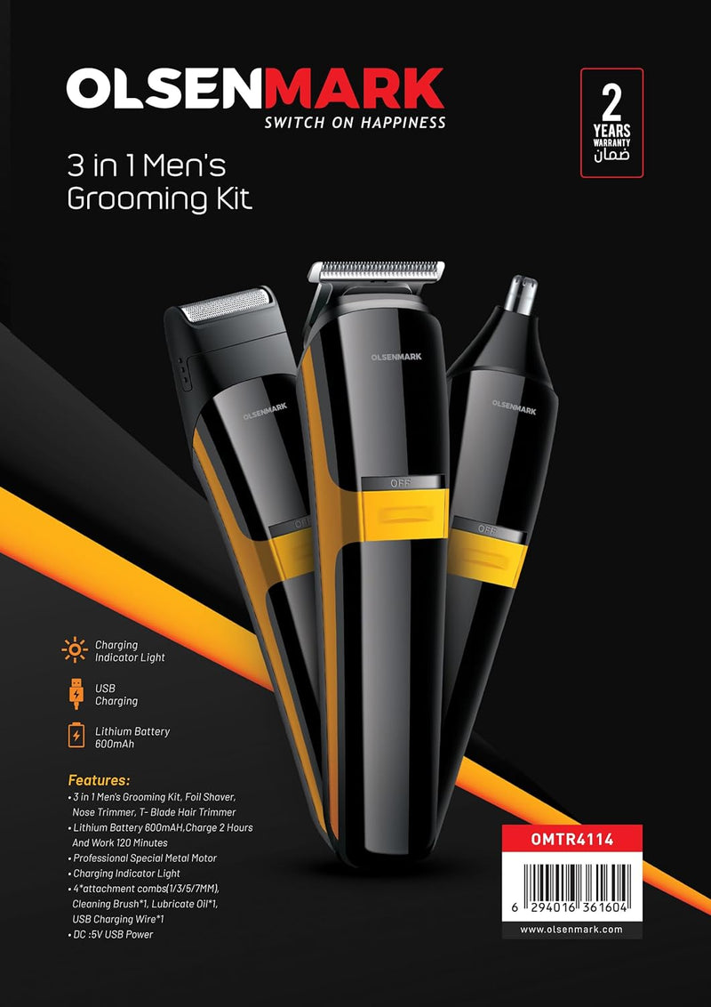 Olsenmark 3-in-1 Men's Grooming Set- OMTR4114, Nose and T-Blade Hair Trimmer, Works 120 Minute