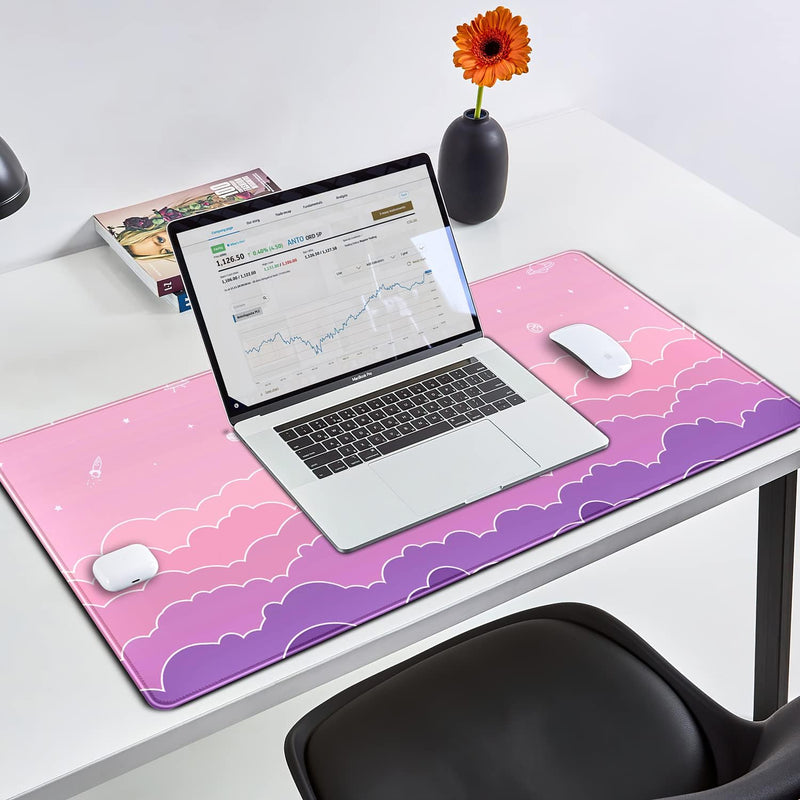 Kawaii Mouse Pad Desk Gaming Accessories Cute Clouds Xxl Mouse Pad Pink Anime Office Decor Desk Mousepad Large, 31.5x15.7in Extended Keyboard Mousepad For Desk Girl With Stitched Edges Non-Slip Rubber - B-lovely Pink