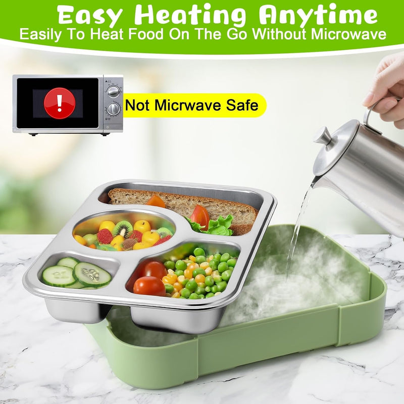 Stainless Steel Adult Lunch Box, 4-Compartment Metal Bento Box with Lid, Eco-Friendly, Leak-Proof, Food Storage Containers for School, Office, Travel