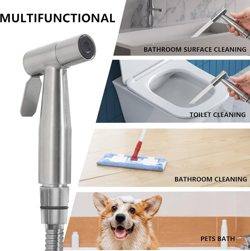 Brushed Nickel Handheld Bidet Sprayer for Toilet, Premium Stainless Steel Bathroom Bidet Sprayer Set, Baby Cloth Diaper Sprayer with Complete Bidet Spray Hoses Kit, Support Wall or Toilet Mount