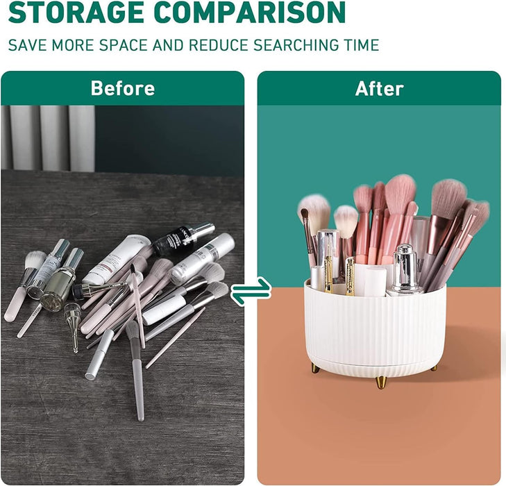 WEZCHUGHAOL Makeup Brush Holder Organizer, 360 Rotating Cosmetic Organizer, 5 Slot Make up Brushes Cup, for Vanity Decor, Bathroom Countertops, Desk Storage Container, Cosmetic Display Cases (White)