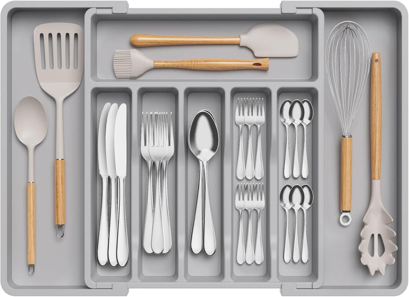 Silverware Drawer Organizer, Expandable Utensil Tray for Kitchen, BPA Free Flatware and Cutlery Holder, Adjustable Plastic Storage for Spoons Forks Knives, Large, Black - Grey 1