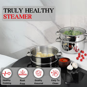 Vinod Stainless Steel 2-Tier Steamer 20cm Vegetable, Momo Steamer with Glass Lid, Sturdy Handle, Induction & Gas Friendly Perfect for Couscous, Dumplings & Rice Dishes