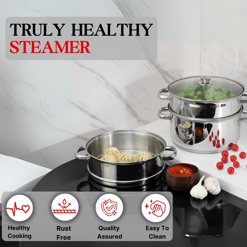 Vinod Stainless Steel 2-Tier Steamer 20cm Vegetable, Momo Steamer with Glass Lid, Sturdy Handle, Induction & Gas Friendly Perfect for Couscous, Dumplings & Rice Dishes
