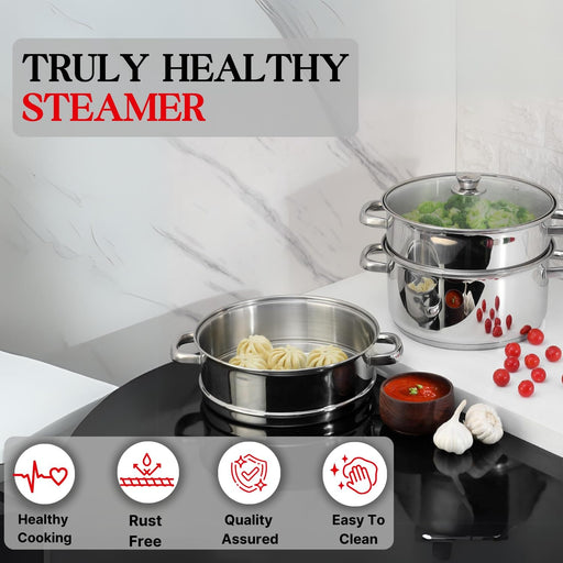 Vinod Stainless Steel 2-Tier Steamer 20cm Vegetable, Momo Steamer with Glass Lid, Sturdy Handle, Induction & Gas Friendly Perfect for Couscous, Dumplings & Rice Dishes