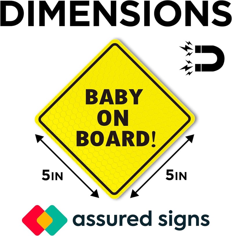 Baby On Board MAGNET Sign for Car - 2 Pack, 5" by 5" - Essential Magnetic Sticker for Bumper - Bright Yellow and Reflective - Best Safety Sign Accessories for Cars