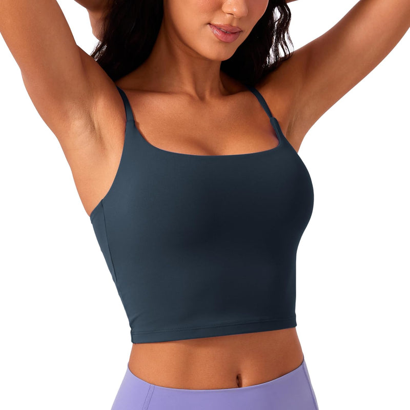CRZ YOGA Butterlift Womens Scoop Neck Longline Sports Bra - U Back Adjustable Straps Workout Crop Tank Top with Built in Bra