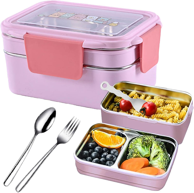 Stainless Steel Lunch Box: 1100ml 2-Layer Insulated Bento Lunch Box for Adults and kids - 304 Lunch Containers Insulated Leakproof with Tableware & Bag - Microwave & Dishwasher Safe (Khaki) - Sakura pink