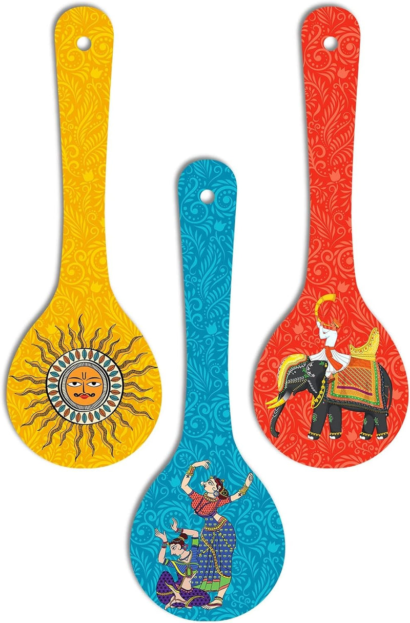 Artvibes Rajasthani Culture Wooden Wall Hanger for Home | Office | Living Room | Gift | Modern Decoration Items | Kitchen Wall Decor | Home Decor Hanging Items (WH_5012N), Set of 3