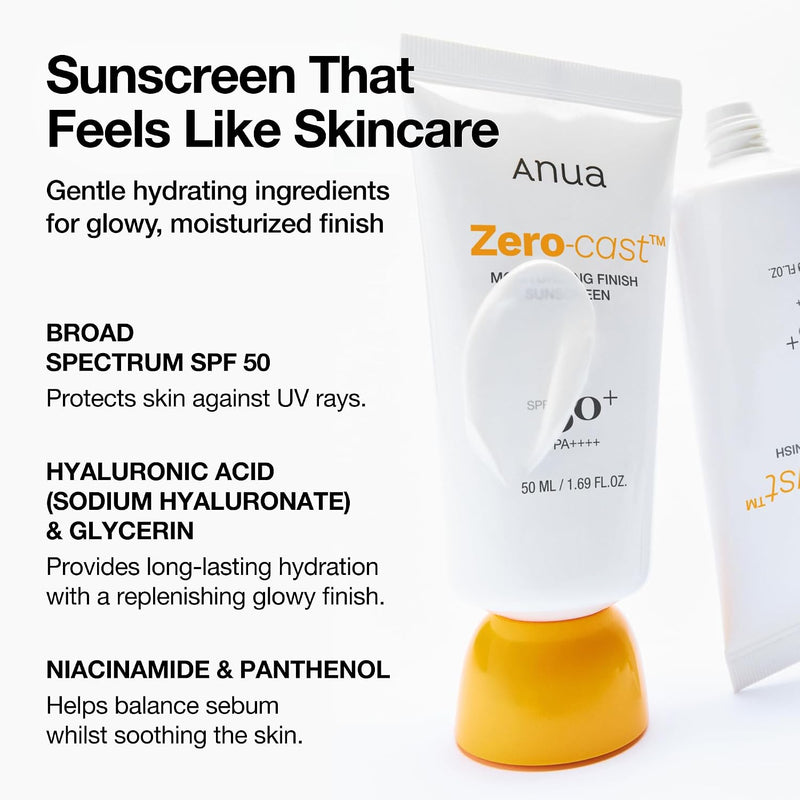 Zero-Cast Moisturizing Finish Sunscreen,SPF 50, Glow Natural Sunscreen,No White cast, Hyaluronic Acid, Niacinamide sun block for face,Oil-Free, Oxybenzone free, Travel Essential (50ml/1.69fl.oz)