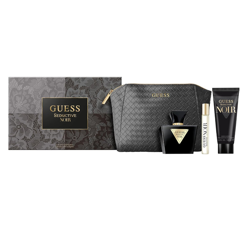 GUESS Seductive Noir Women/Femme Eau de Toilette 4 Piece Gift Set - Perfume Spray 2.5 Fl. Oz., Travel Spray 0.5 Fl. Oz., 3.4 Fl. Oz. Body Lotion, & Pouch