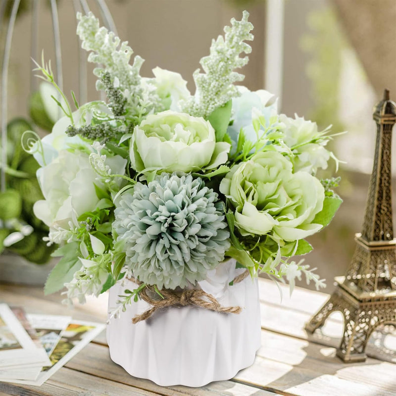 UCHUANG Fake Flowers with Vase, Artificial Roses Bouquet in Vase, Centerpiece Table Decorations for Coffee Table, Living Room, Dining Table, Office, Kitchen, Home Room Decor(White, with Glass Vase)
