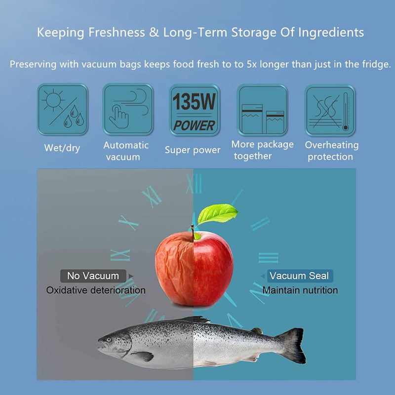 Vacuum Sealer Machine, Food Saver Vacuum Sealer Machine, Seal A Meal Vacuum Sealer Machine, Automatic Dry & Moist Food Modes, Waterproof/Easy to Clean/Portable Design, 15 Sealing Bags Included