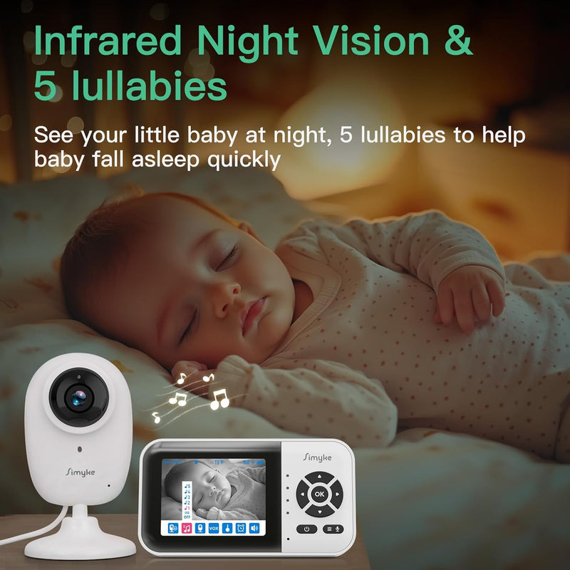 Simyke Smart Video Baby Monitor, 2.8 Inch Screen, 1080p Camera, 1500ft Long Range, WiFi On/Off Switch, Night Vision, Power Clock,