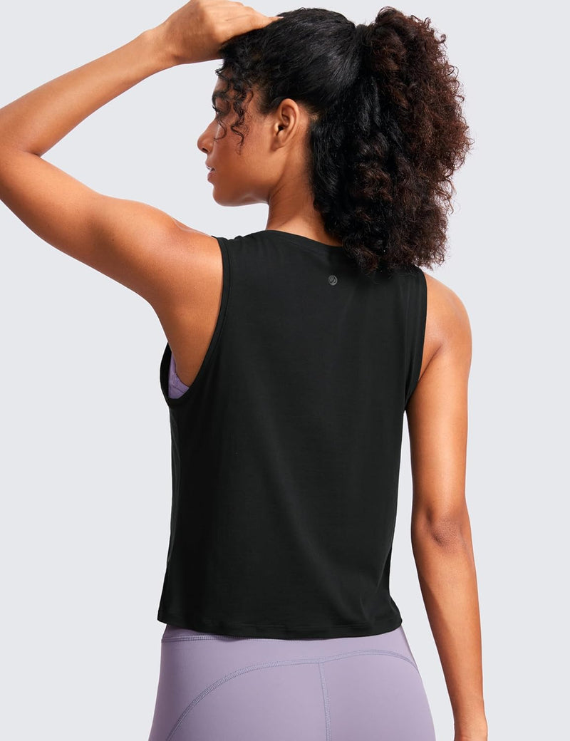 CRZ YOGA Women's Pima Cotton Loose Cropped Tank Tops Workout High Neck Sleeveless Athletic Gym Shirts