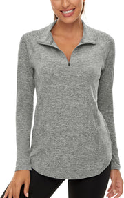 Womens UPF 50+ Long Sleeve 1/4 Zip Pullover Athletic Hiking Running Workout Tops - Grey