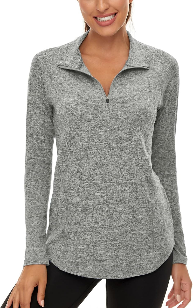 Womens UPF 50+ Long Sleeve 1/4 Zip Pullover Athletic Hiking Running Workout Tops - Grey