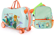 Milk&Moo Jungle Friends Kids Luggage Set Rideable Suitcase & Matching Backpack with Tablet Compartment Ride-On Luggage & School Bag Combo for Kids (Jungle) - Jungle