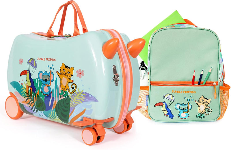 Milk&Moo Jungle Friends Kids Luggage Set Rideable Suitcase & Matching Backpack with Tablet Compartment Ride-On Luggage & School Bag Combo for Kids (Jungle) - Jungle