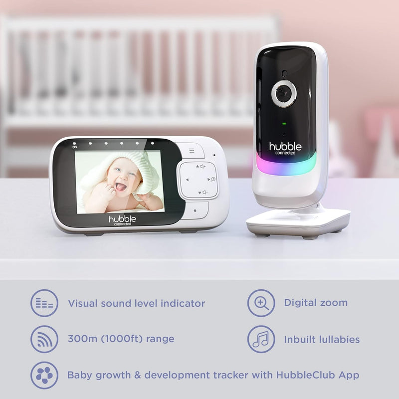 Hubble Nursery View Glow Baby Monitor 2.8" LCD Display, Infrared Night Vision, 300m Range, 2-Way Talk, Room Temp Sensor, Digital Zoom, 7-Color Night Light, Soothing Sounds, Works with HubbleClub App