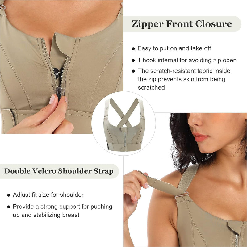 Sports Bra for Women High Impact Work Out Bra with Support Front Zipper Gym Padded Bras with Adjustable Straps
