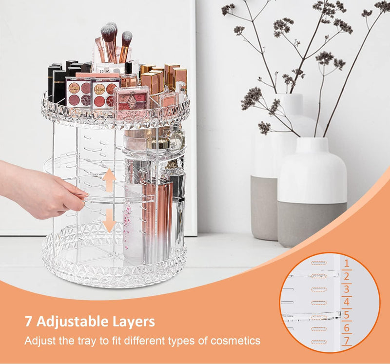DreamGenius Makeup Organizer, 360 Degree Rotating Cosmetic Storage Organizer, 7-Layer Adjustable Makeup Display Case, Fits Jewelry Makeup Brushes and Lipsticks, Clear Acrylic - Double Diamond