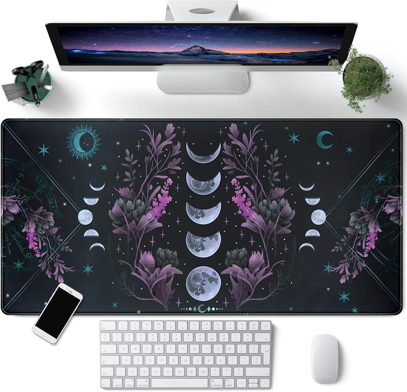 Japanese Landscape Desk Mat Post Moonlight Samurai Mouse Pad Large Dark Aesthetic Desk Pad Gaming Mousepad Extended XXL 31.5 x 15.7 in Laptop Computer Mouse Keyboard Mat - A Celestial Moon Phases