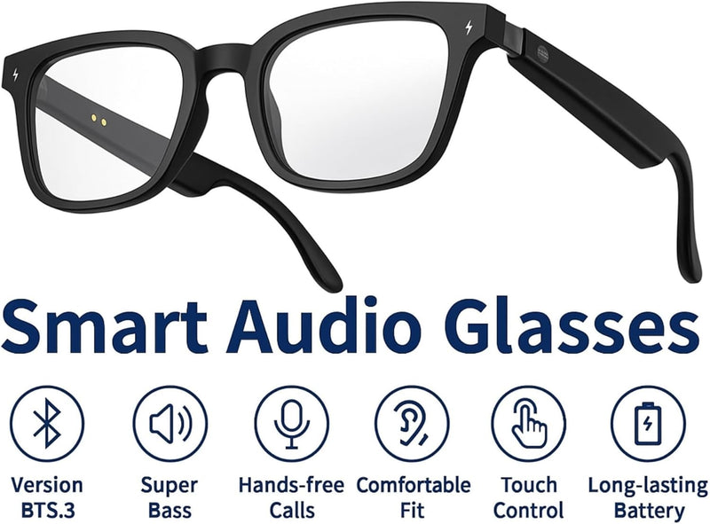 Smart Audio Glasses MG02 – Bluetooth 5.3 Touch Control Super Bass Hands-Free Calls | Open-Ear Wireless Sunglasses Lightweight Stylish Black | for iPhone Samsung Huawei, One Size