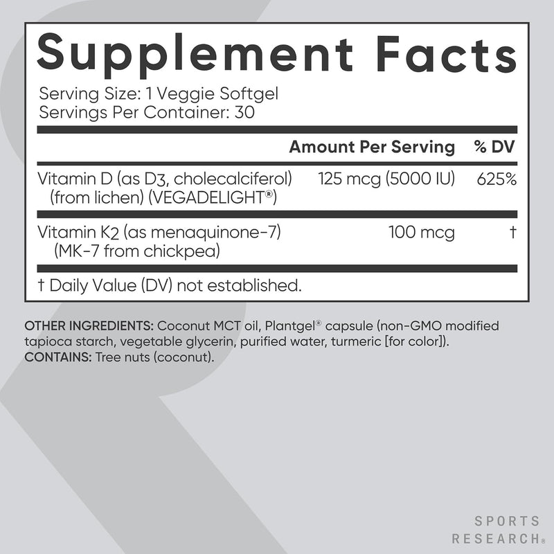 D3 + K2, Plant-Based, 30 Veggie Softgels Plant-Based Vitamin D 5000iu/125mcg & Soy-Free Vitamin K 100mcg for Bone & Immune Support - Vegan Certified & Non-GMO Verifed