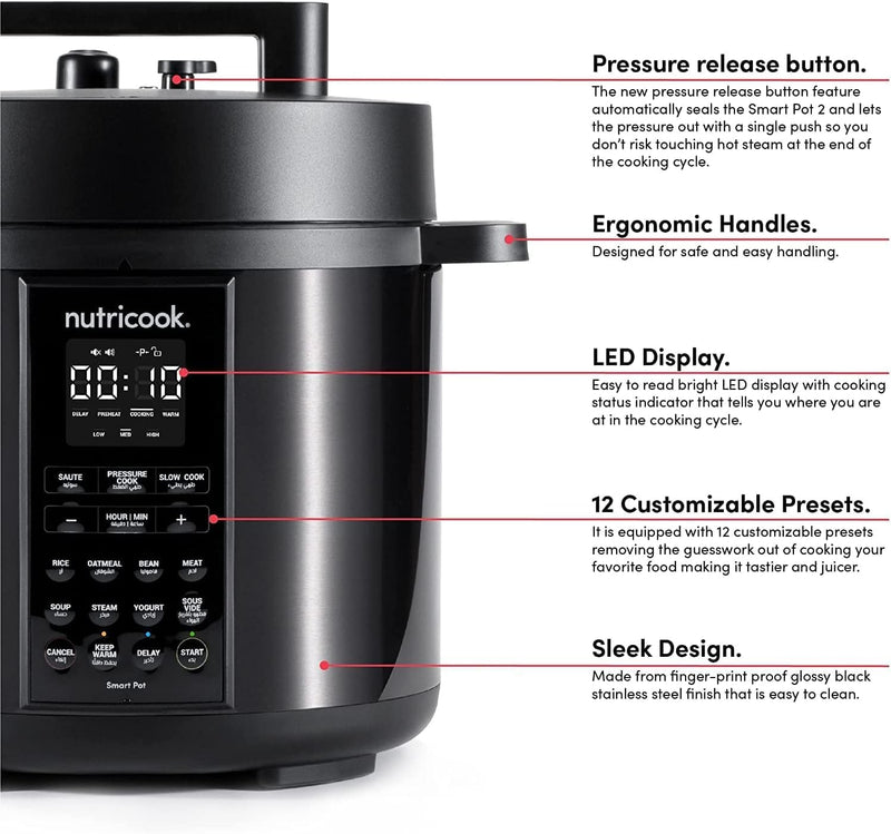 Nutricook Smart Pot 2 Rice Cooker, Steamer, Sauté Pot, Yogurt Maker & More,9 In 1 Electric Pressure Cooker, Slow Cooker,6 Liters, 12 Smart Programs With New Smart Lid