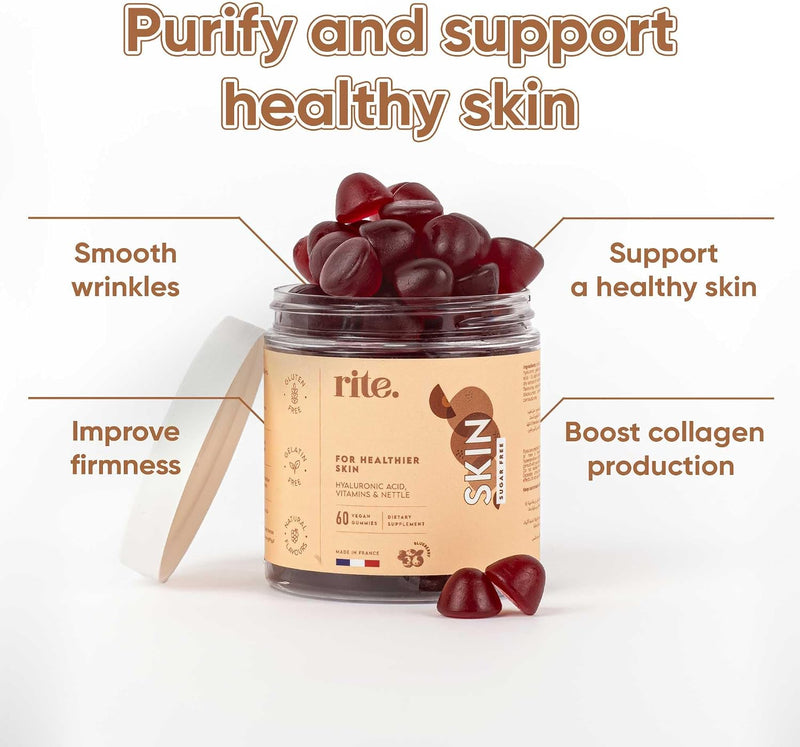 SKIN Vitamin Gummies, for healthier skin, glowing, radiant, clean skin, anti-aging ingredients, Sugar Free, Vegan, Blueberry Flavour (60 Count)