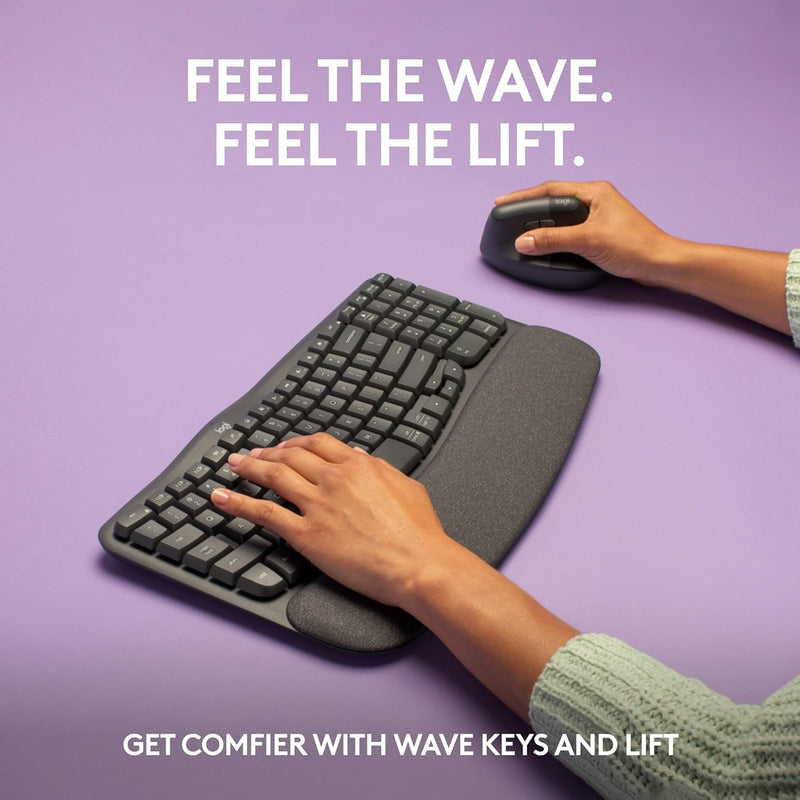 Logitech Wave Keys & Lift Vertical Mouse - Ergonomic Wireless Keyboard and Mouse Combo - with Cushioned Palm Rest, Easy-Switch, Bluetooth, for Multi-OS, Windows/Mac, US/INTL - Graphite
