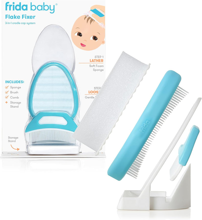 FridaBaby DermaFrida the FlakeFixer Cradle Cap Treatment System: 3-Step Cradle Cap Kit, Soothes Baby's Scalp, Prevents Dryness and Flakes, Sponge, Brush, and Comb + Storage Stand - FlakeFixer Cradle Cap Kit
