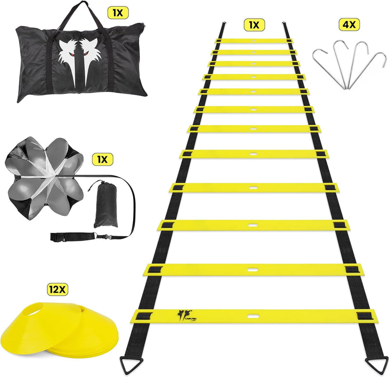 20ft Agility Ladder & Soccer Training Equipment, to Boost Fitness & Increase Quick Footwork, with Speed Parachute, Speed Cones, Carry Bag & Drill Charts - Agility Training Set with Parachute