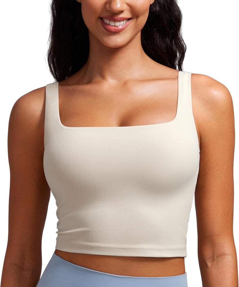 CRZ YOGA Butterluxe Womens V Neck Longline Sports Bra - Padded Workout Crop Tank Top with Built in Bra